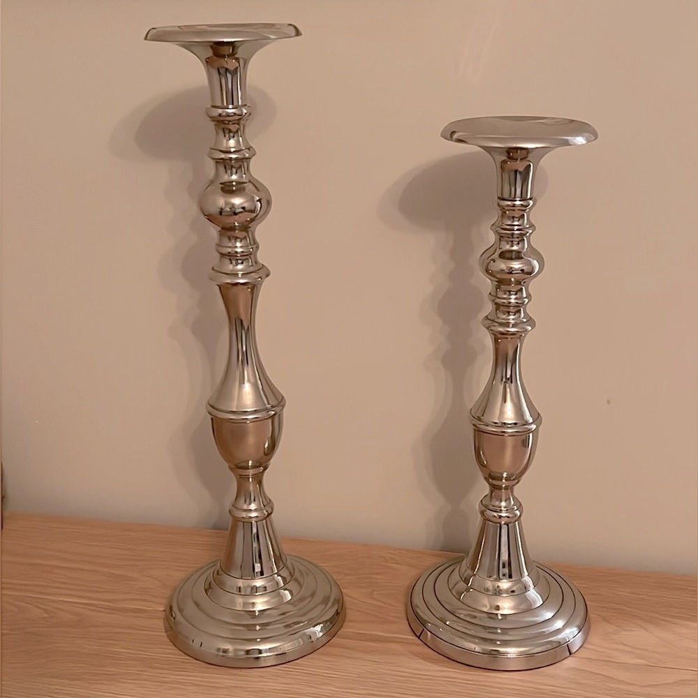 2pc Large Candlestick / Silver / Metal / Pillar